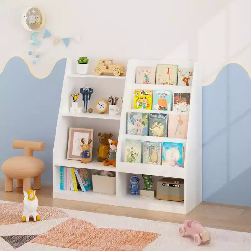 Étagère à livres et rangement de jouets pour enfants, étagère de présentation de livres en bois à 4 niveaux pour salle de jeux ou chambre d'enfant, blanche