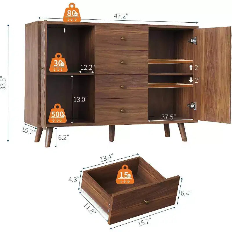 Buffet de ferme de 120 cm avec 4 tiroirs et 2 portes, grand meuble de rangement pour cuisine, salle à manger et salon