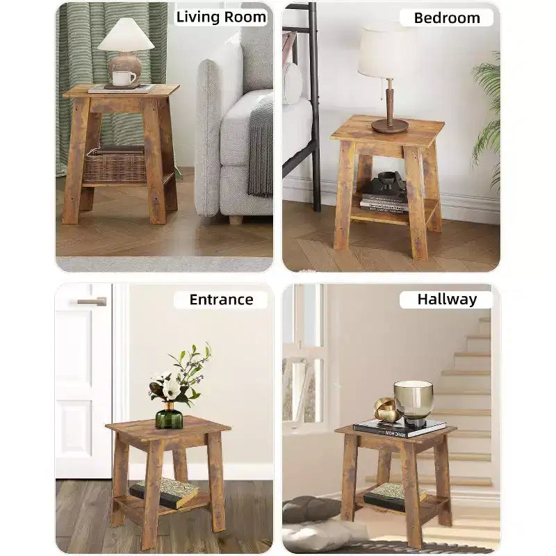 Table d'appoint à 2 niveaux avec étagère inférieure, table de chevet, petite table d'appoint carrée pour canapé, lit et entrée, style ferme et assemblage facile