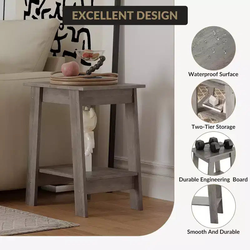 Table d'appoint à 2 niveaux avec étagère inférieure, table de chevet, petite table d'appoint carrée pour canapé, lit et entrée, style ferme et assemblage facile
