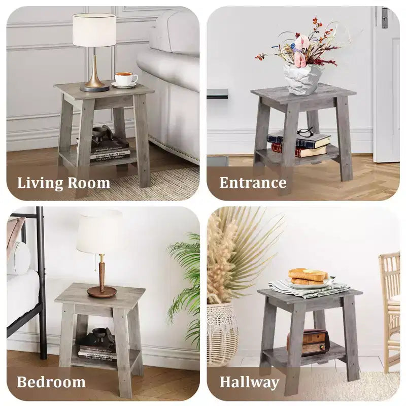 Table d'appoint à 2 niveaux avec étagère inférieure, table de chevet, petite table d'appoint carrée pour canapé, lit et entrée, style ferme et assemblage facile