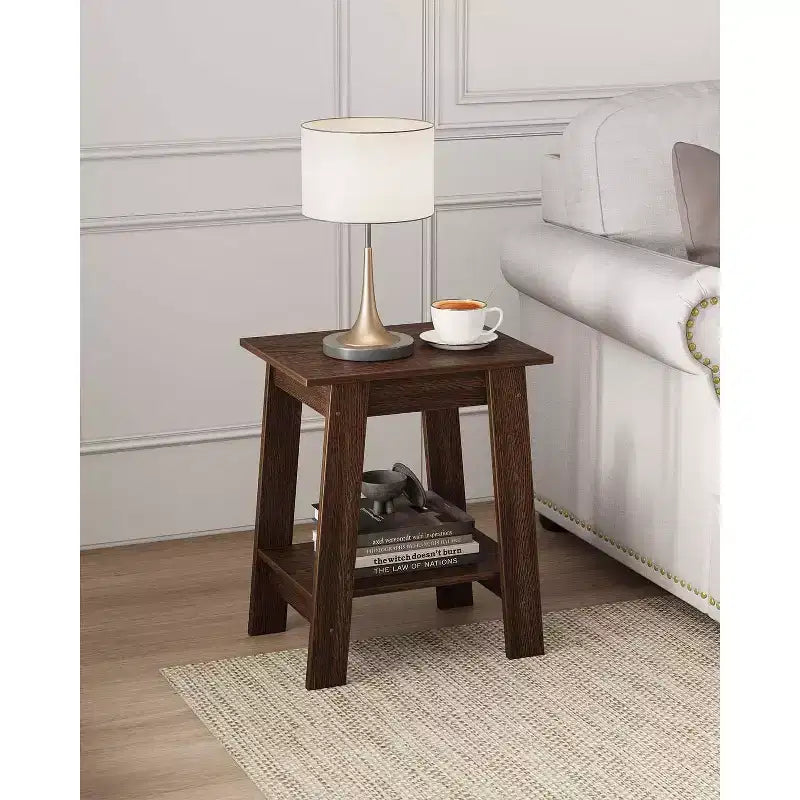 Table d'appoint à 2 niveaux avec étagère inférieure, table de chevet, petite table d'appoint carrée pour canapé, lit et entrée, style ferme et assemblage facile
