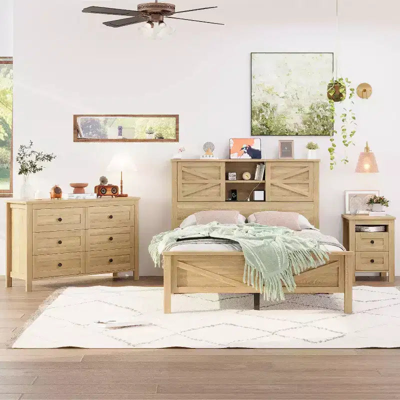 MAYEERTY 3 Pieces Full Bedroom with Double Sliding Door Storage Headboard and Chariging Station Storage Nightstand and Dresser for Bedroom Natural