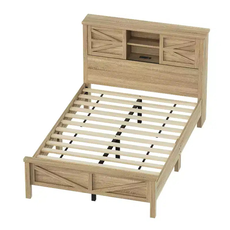 MAYEERTY Chambre complète 3 pièces avec tête de lit de rangement à portes coulissantes doubles, table de chevet de rangement avec station de recharge et commode pour chambre à coucher Naturel