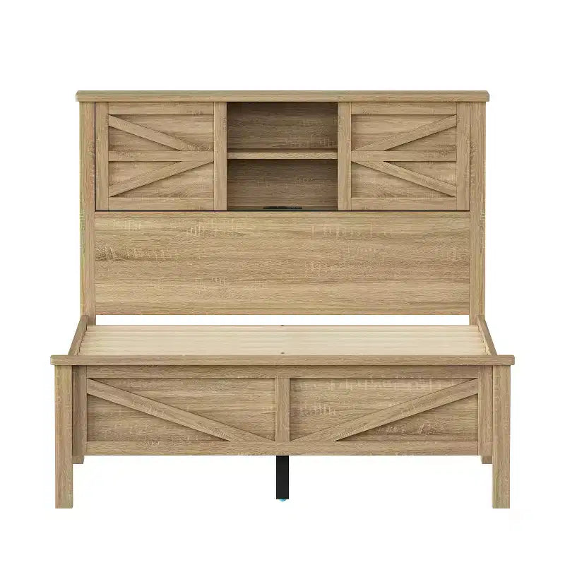 MAYEERTY Chambre complète 3 pièces avec tête de lit de rangement à portes coulissantes doubles, table de chevet de rangement avec station de recharge et commode pour chambre à coucher Naturel