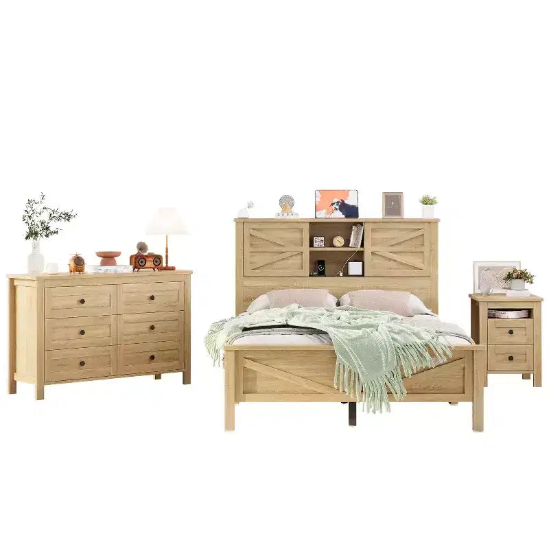 MAYEERTY Chambre complète 3 pièces avec tête de lit de rangement à portes coulissantes doubles, table de chevet de rangement avec station de recharge et commode pour chambre à coucher Naturel