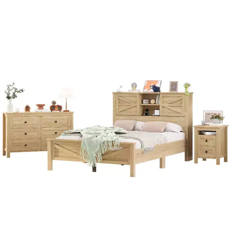 MAYEERTY Chambre complète 3 pièces avec tête de lit de rangement à portes coulissantes doubles, table de chevet de rangement avec station de recharge et commode pour chambre à coucher Naturel