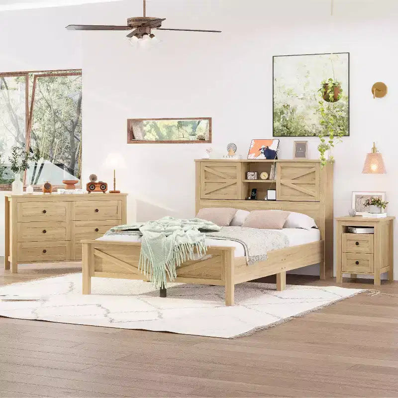 MAYEERTY Chambre complète 3 pièces avec tête de lit de rangement à portes coulissantes doubles, table de chevet de rangement avec station de recharge et commode pour chambre à coucher Naturel