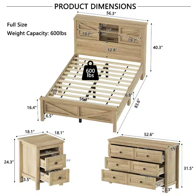 MAYEERTY Chambre complète 3 pièces avec tête de lit de rangement à portes coulissantes doubles, table de chevet de rangement avec station de recharge et commode pour chambre à coucher Naturel
