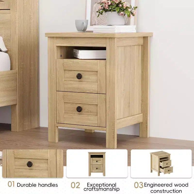 MAYEERTY Chambre complète 3 pièces avec tête de lit de rangement à portes coulissantes doubles, table de chevet de rangement avec station de recharge et commode pour chambre à coucher Naturel