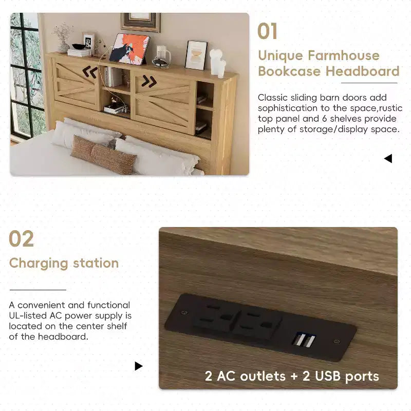 MAYEERTY Chambre complète 3 pièces avec tête de lit de rangement à portes coulissantes doubles, table de chevet de rangement avec station de recharge et commode pour chambre à coucher Naturel
