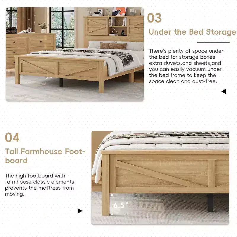 MAYEERTY Chambre complète 3 pièces avec tête de lit de rangement à portes coulissantes doubles, table de chevet de rangement avec station de recharge et commode pour chambre à coucher Naturel