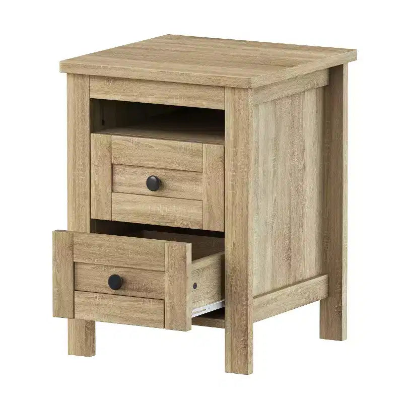 MAYEERTY Chambre complète 3 pièces avec tête de lit de rangement à portes coulissantes doubles, table de chevet de rangement avec station de recharge et commode pour chambre à coucher Naturel