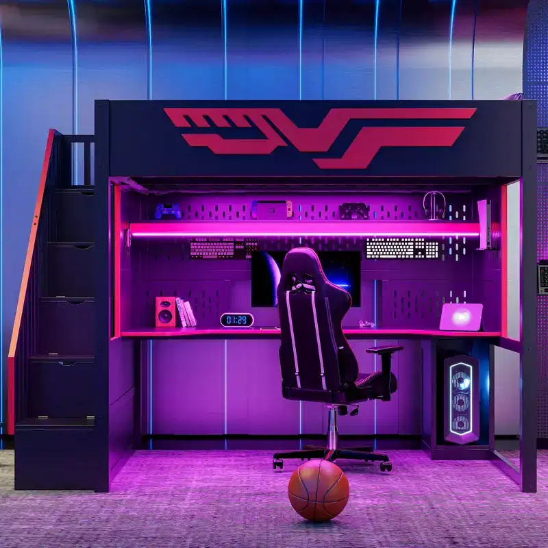 Full Size Gaming Loft Bed with Built-In Desk, Storage Staircase, 7-Color LED Lights & USB Charging, Red+Black - ModernLuxe
