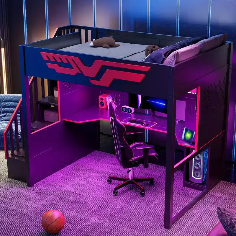 Lit mezzanine gamer pleine grandeur avec bureau intégré, escalier de rangement, lumières LED 7 couleurs et chargement USB, Rouge+Noir - ModernLuxe