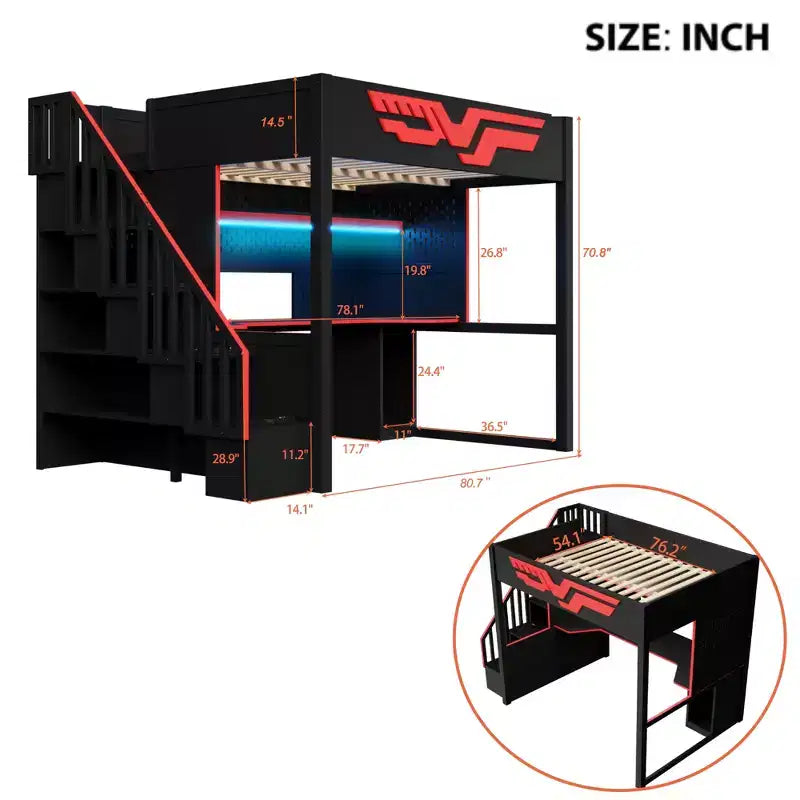 Lit mezzanine gamer pleine grandeur avec bureau intégré, escalier de rangement, lumières LED 7 couleurs et chargement USB, Rouge+Noir - ModernLuxe