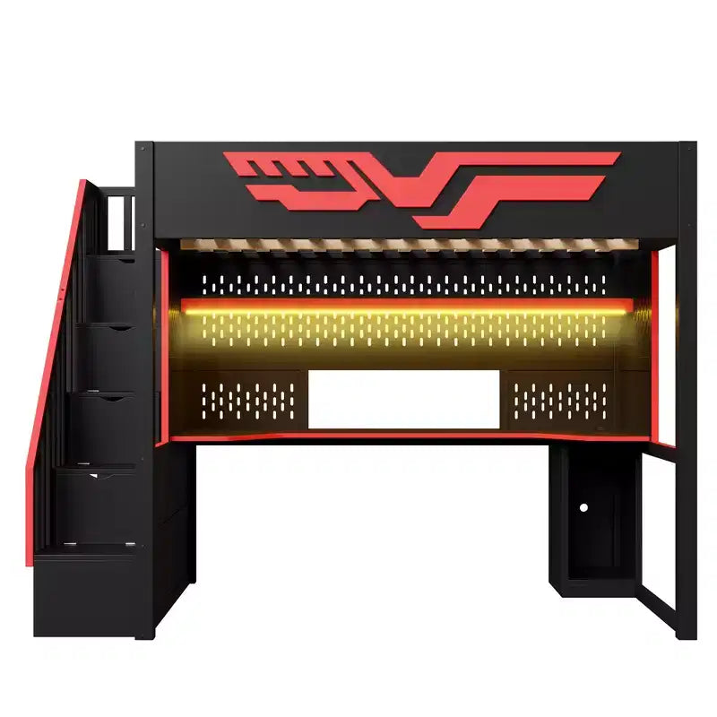 Lit mezzanine gamer pleine grandeur avec bureau intégré, escalier de rangement, lumières LED 7 couleurs et chargement USB, Rouge+Noir - ModernLuxe