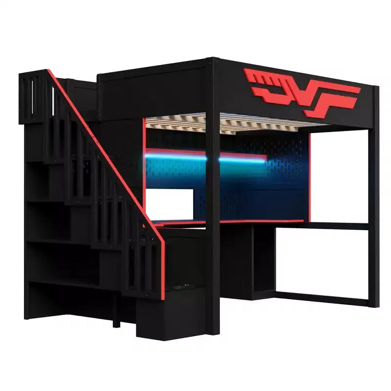 Lit mezzanine gamer pleine grandeur avec bureau intégré, escalier de rangement, lumières LED 7 couleurs et chargement USB, Rouge+Noir - ModernLuxe