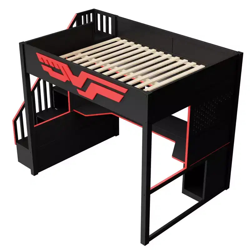 Lit mezzanine gamer pleine grandeur avec bureau intégré, escalier de rangement, lumières LED 7 couleurs et chargement USB, Rouge+Noir - ModernLuxe