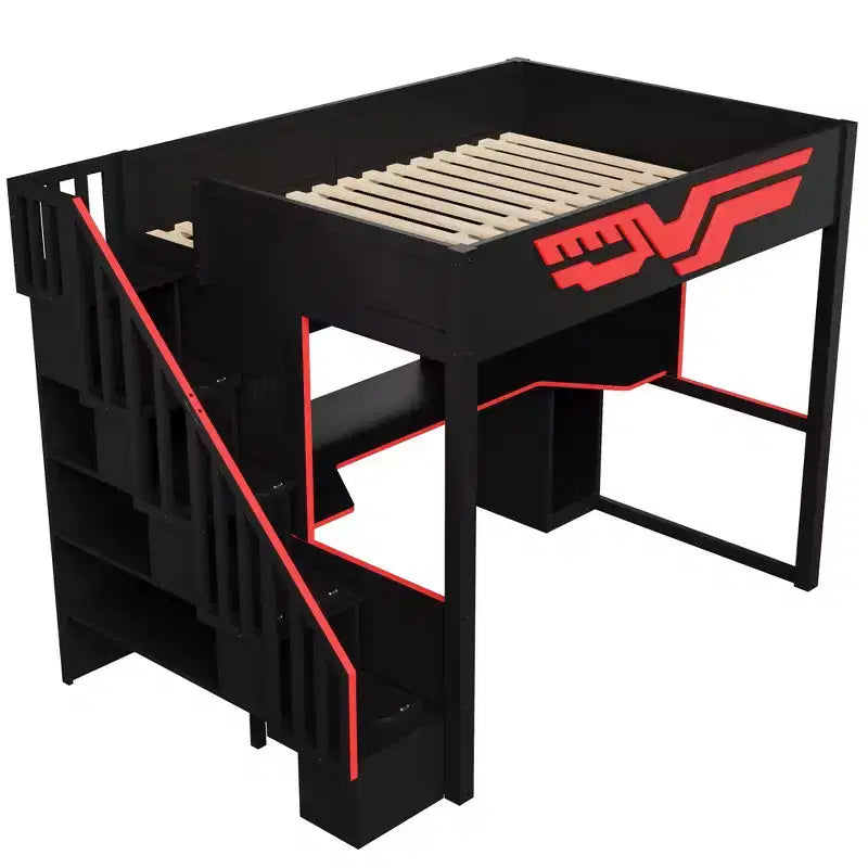 Lit mezzanine gamer pleine grandeur avec bureau intégré, escalier de rangement, lumières LED 7 couleurs et chargement USB, Rouge+Noir - ModernLuxe