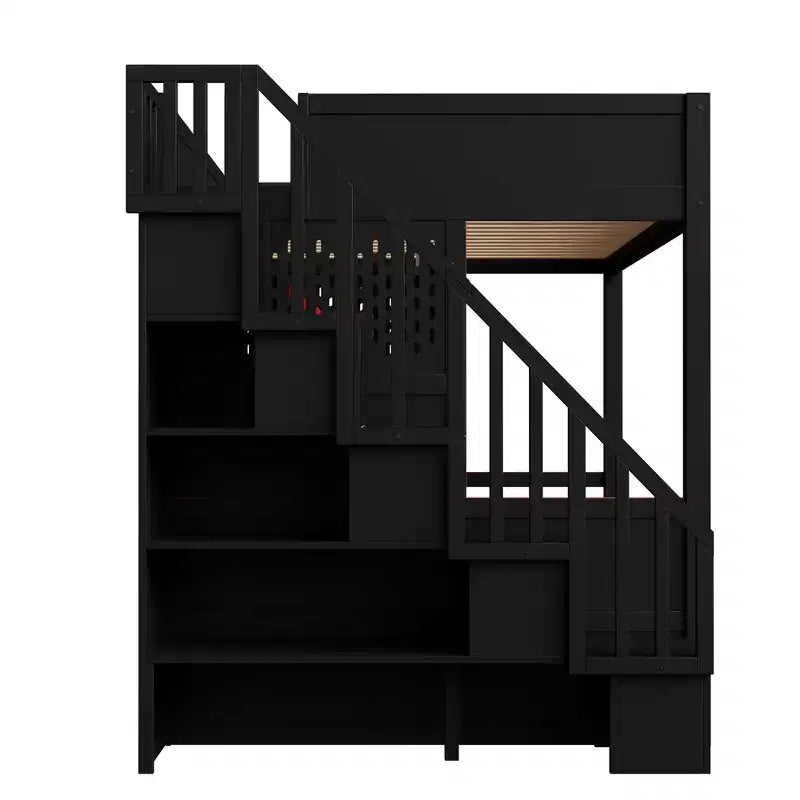 Lit mezzanine gamer pleine grandeur avec bureau intégré, escalier de rangement, lumières LED 7 couleurs et chargement USB, Rouge+Noir - ModernLuxe