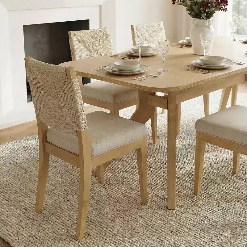 Ensemble table à manger extensible 6/8 places, Meubles de salle à manger Japandi, Chaises à dossier en corde avec sièges rembourrés beiges-Panipeachy