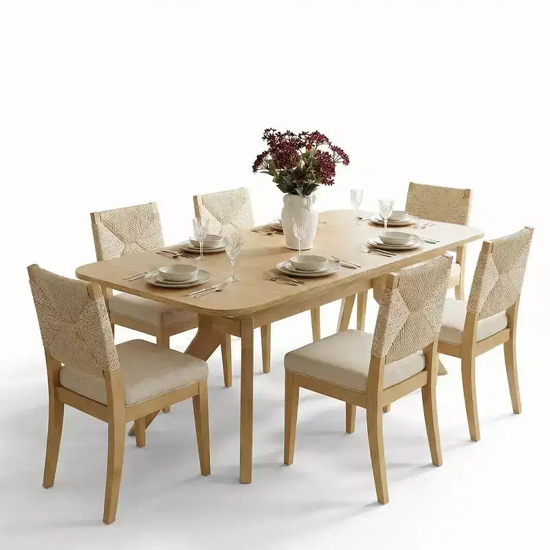 Ensemble table à manger extensible 6/8 places, Meubles de salle à manger Japandi, Chaises à dossier en corde avec sièges rembourrés beiges-Panipeachy