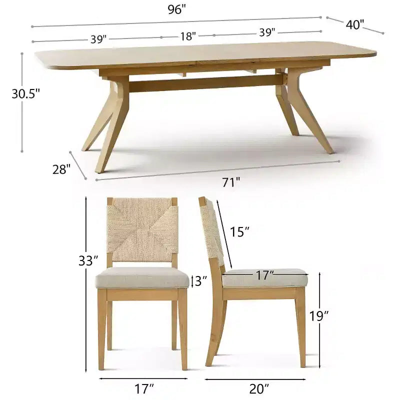 Ensemble table à manger extensible 6/8 places, Meubles de salle à manger Japandi, Chaises à dossier en corde avec sièges rembourrés beiges-Panipeachy