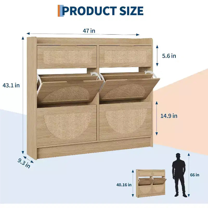 Meuble à chaussures en rotin avec 4 tiroirs basculants et 2 petits tiroirs, Étagère à chaussures étroite avec étagères réglables et poignées métalliques élégantes pour la maison