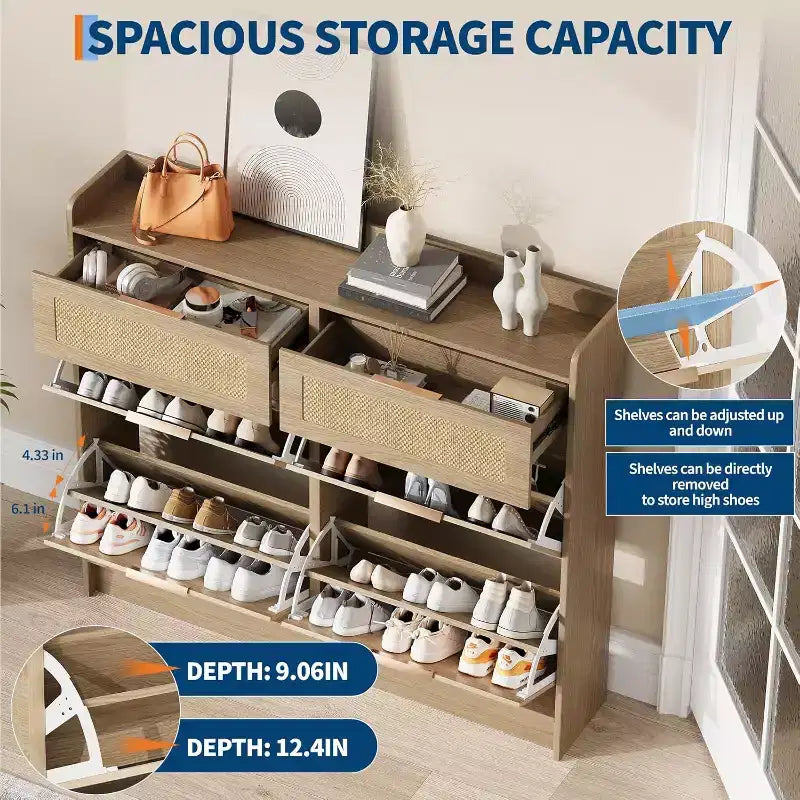 Meuble à chaussures en rotin avec 4 tiroirs basculants et 2 petits tiroirs, Étagère à chaussures étroite avec étagères réglables et poignées métalliques élégantes pour la maison