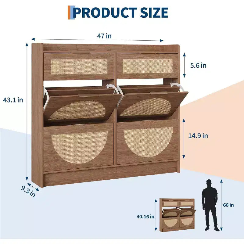 Meuble à chaussures en rotin avec 4 tiroirs basculants et 2 petits tiroirs, Étagère à chaussures étroite avec étagères réglables et poignées métalliques élégantes pour la maison
