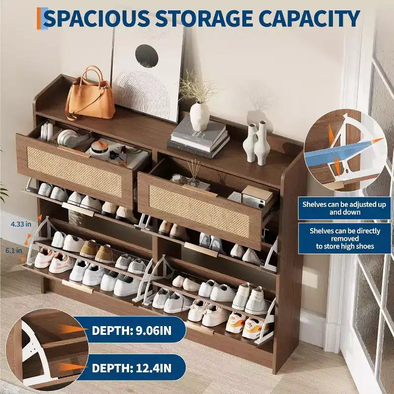 Meuble à chaussures en rotin avec 4 tiroirs basculants et 2 petits tiroirs, Étagère à chaussures étroite avec étagères réglables et poignées métalliques élégantes pour la maison