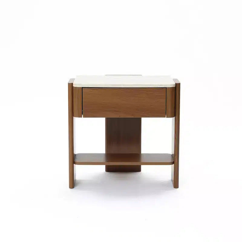 LuxenHome Faux Travertine Nightstand with Drawer and Open Shelf, MDF Wood Accent Side Table Brown