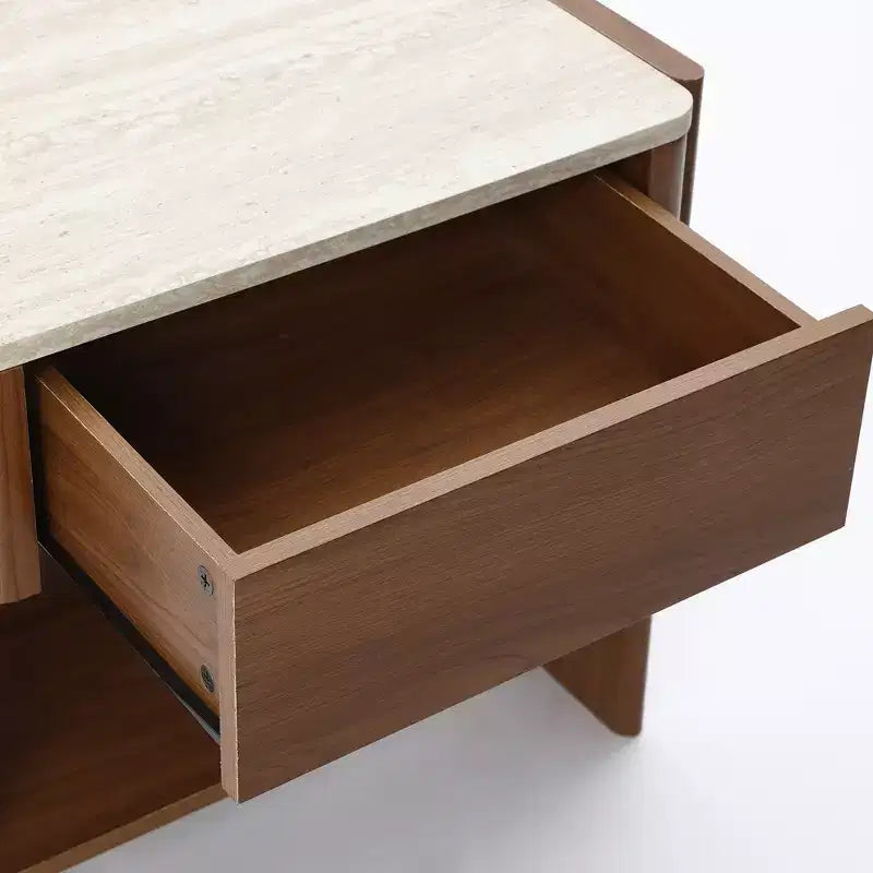 Table de chevet LuxenHome en faux travertin avec tiroir et étagère ouverte, table d'appoint en bois MDF marron