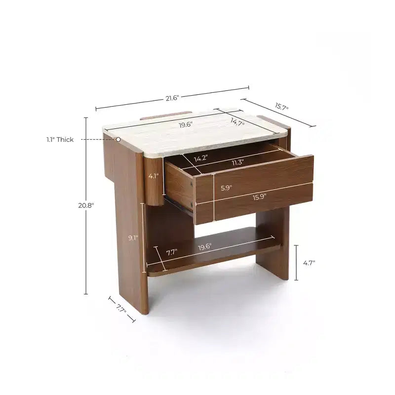 Table de chevet LuxenHome en faux travertin avec tiroir et étagère ouverte, table d'appoint en bois MDF marron