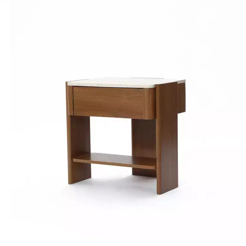 Table de chevet LuxenHome en faux travertin avec tiroir et étagère ouverte, table d'appoint en bois MDF marron