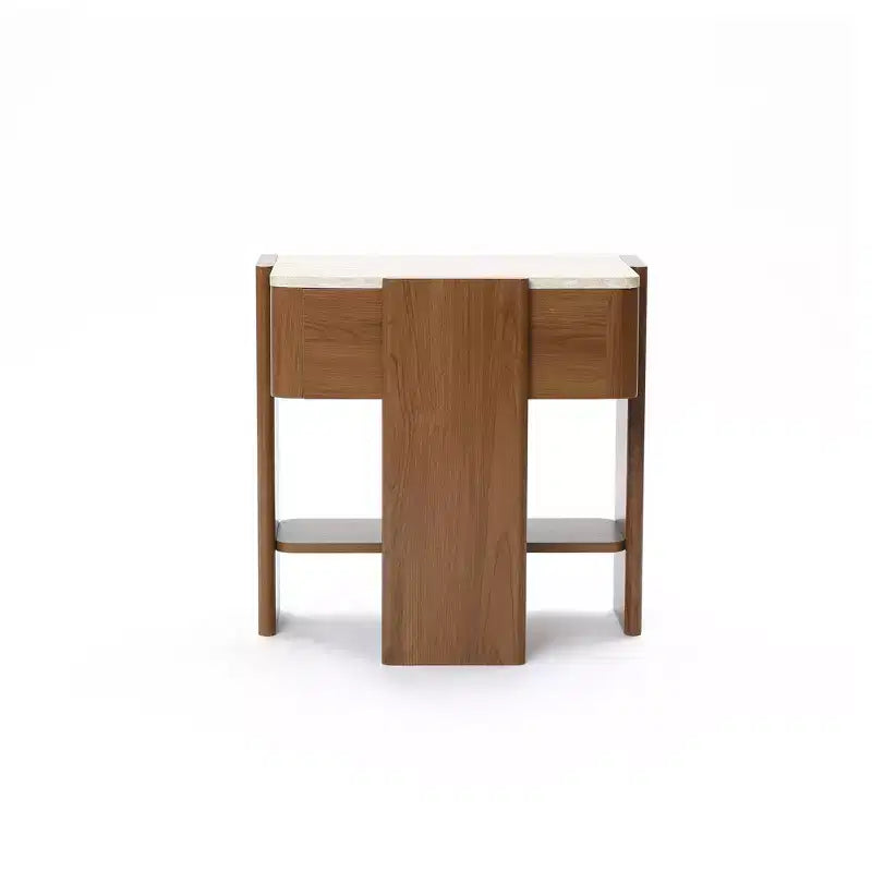 Table de chevet LuxenHome en faux travertin avec tiroir et étagère ouverte, table d'appoint en bois MDF marron