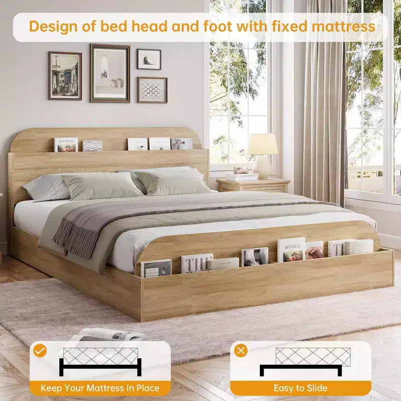 Cadre de lit. Lits en bois avec tête de lit de rangement et pied de lit surélevé. Lit plateforme bas pour chambre à coucher