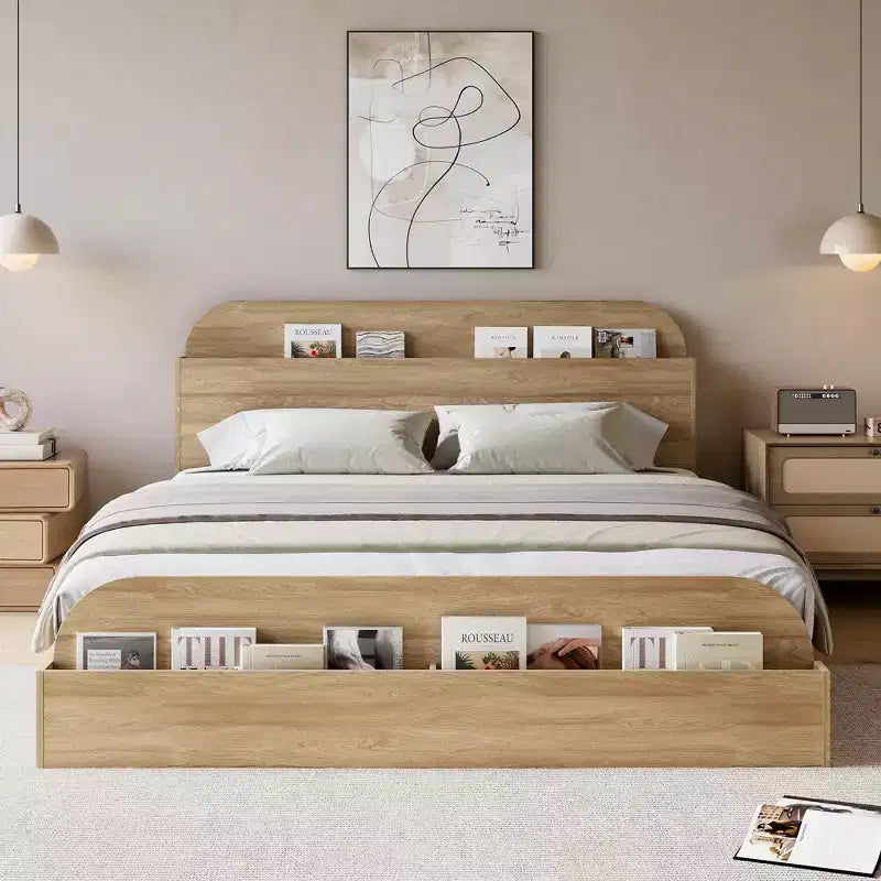 Cadre de lit. Lits en bois avec tête de lit de rangement et pied de lit surélevé. Lit plateforme bas pour chambre à coucher