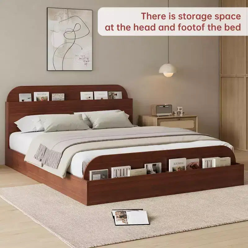 Cadre de lit. Lits en bois avec tête de lit de rangement et pied de lit surélevé. Lit plateforme bas pour chambre à coucher