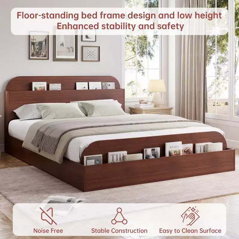Cadre de lit. Lits en bois avec tête de lit de rangement et pied de lit surélevé. Lit plateforme bas pour chambre à coucher