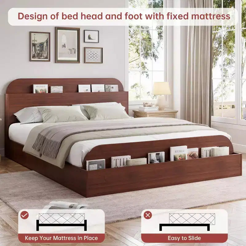 Cadre de lit. Lits en bois avec tête de lit de rangement et pied de lit surélevé. Lit plateforme bas pour chambre à coucher