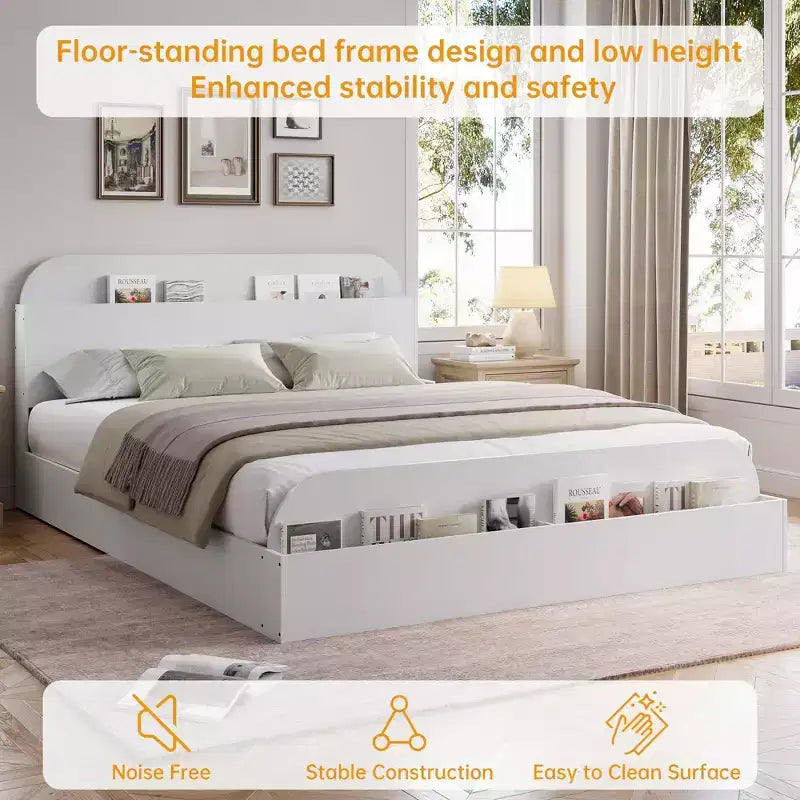 Cadre de lit. Lits en bois avec tête de lit de rangement et pied de lit surélevé. Lit plateforme bas pour chambre à coucher