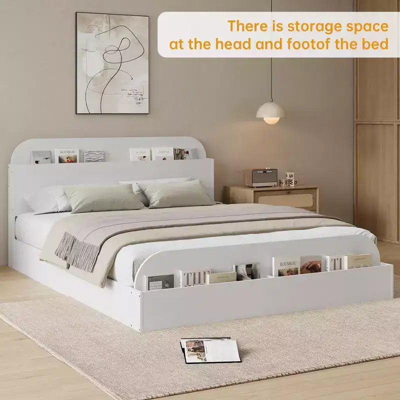 Cadre de lit. Lits en bois avec tête de lit de rangement et pied de lit surélevé. Lit plateforme bas pour chambre à coucher