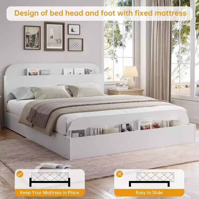 Cadre de lit. Lits en bois avec tête de lit de rangement et pied de lit surélevé. Lit plateforme bas pour chambre à coucher