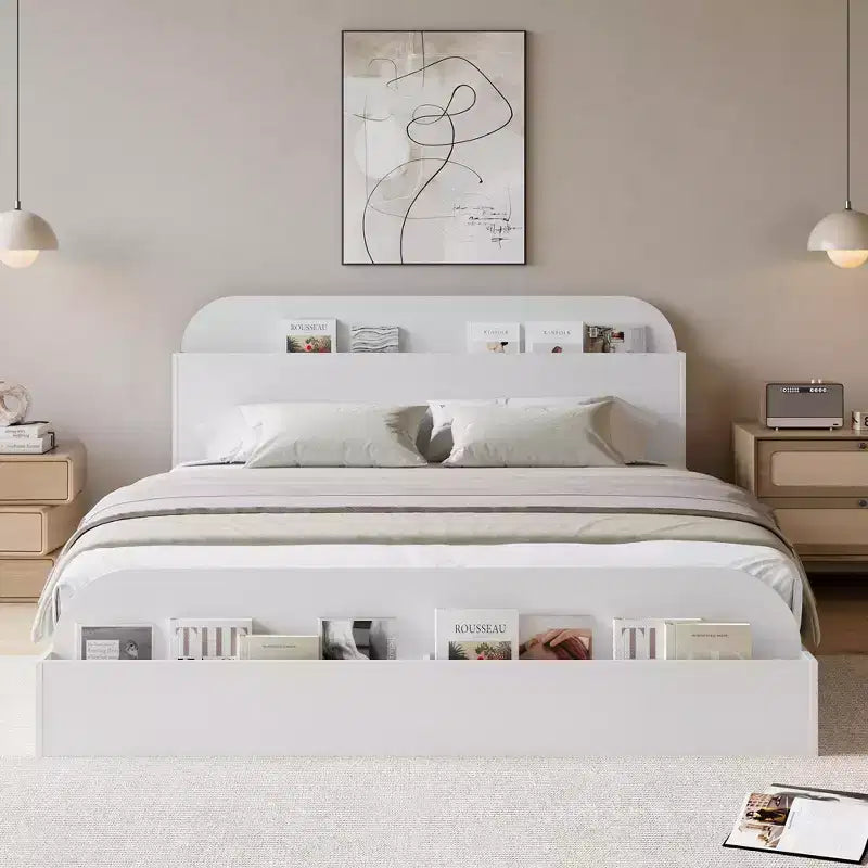 Cadre de lit. Lits en bois avec tête de lit de rangement et pied de lit surélevé. Lit plateforme bas pour chambre à coucher