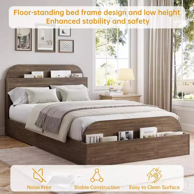 Cadre de lit. Lits en bois avec tête de lit de rangement et pied de lit surélevé. Lit plateforme bas pour chambre à coucher