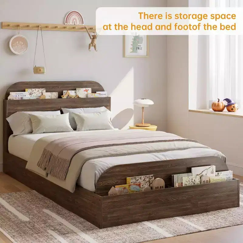 Cadre de lit. Lits en bois avec tête de lit de rangement et pied de lit surélevé. Lit plateforme bas pour chambre à coucher