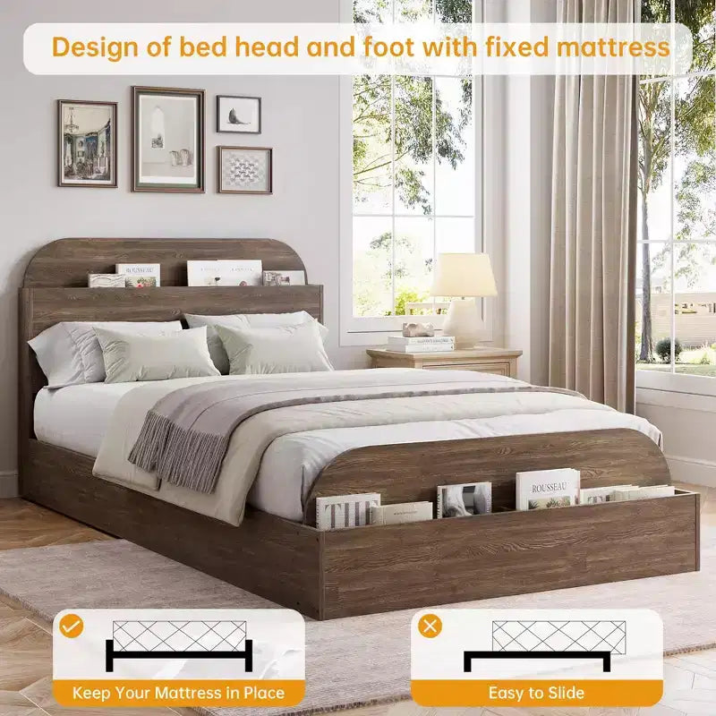 Cadre de lit. Lits en bois avec tête de lit de rangement et pied de lit surélevé. Lit plateforme bas pour chambre à coucher