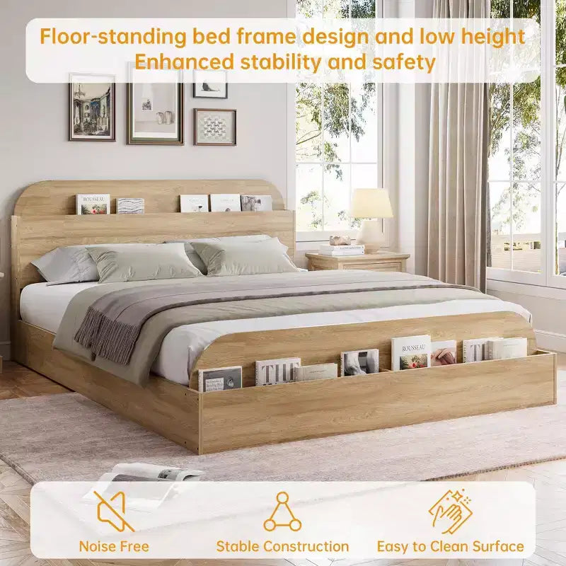 Cadre de lit. Lits en bois avec tête de lit de rangement et pied de lit surélevé. Lit plateforme bas pour chambre à coucher